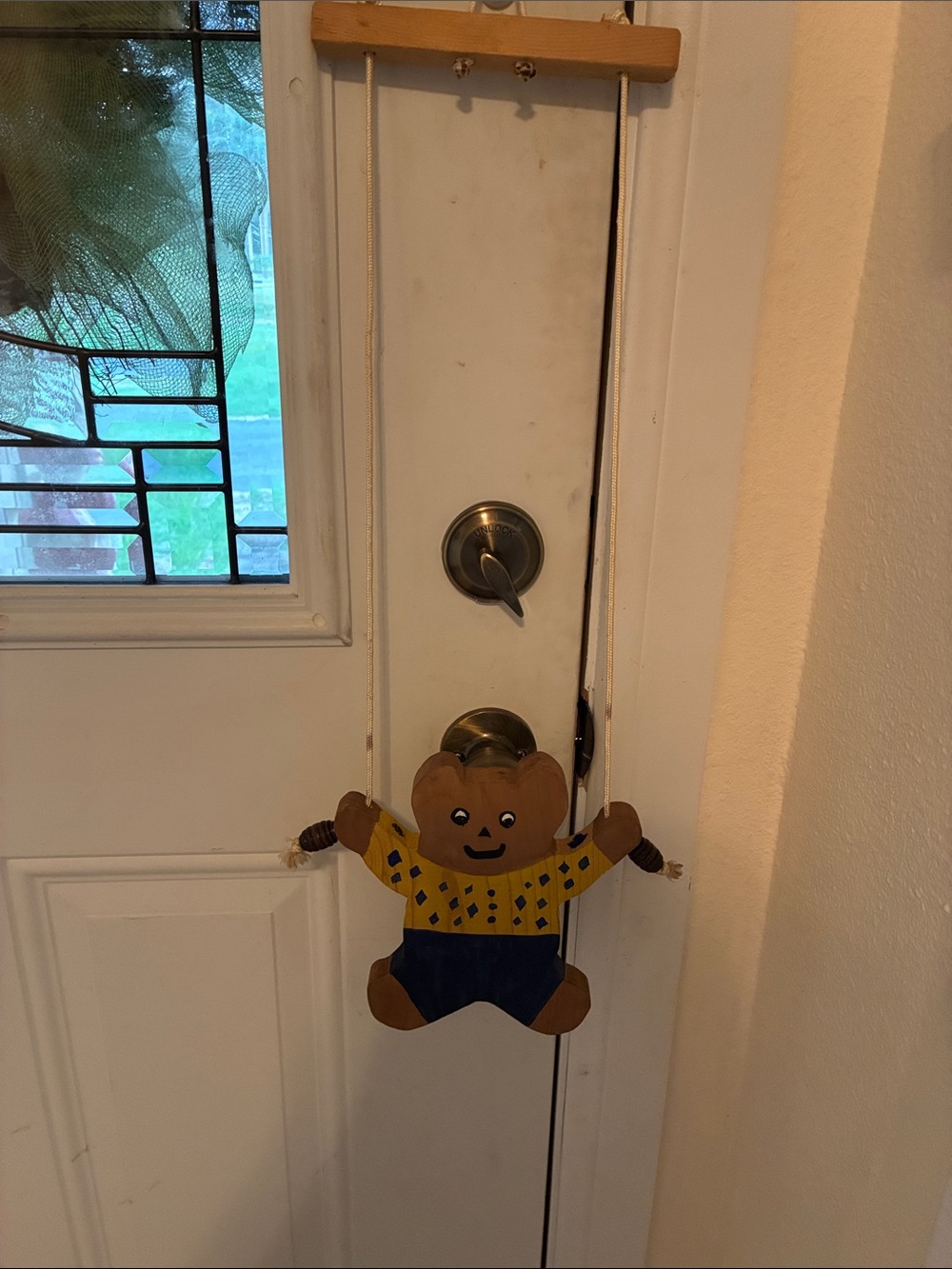 Handcrafted Handmade Bear Marionette Puppet. Hanging in Yellow and Blue